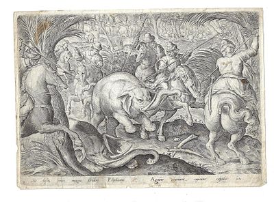 1578 Engraving of an Elephant Hunt. An engraving of Philip Galle after Jan Stradanus depicting 