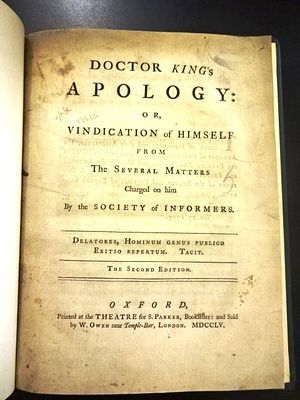 1755 Doctor Kings Apology Society of Informers. “Doctor King's Apology or Vindication of Himself 