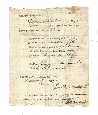 1798 New York Mayor's Court Bail Notice. Partially printed Bail notice from the Mayor's Court of 