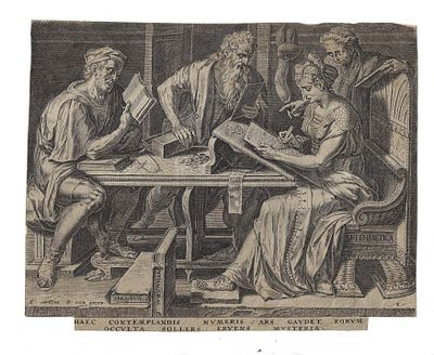 1578 Engraving Arithmetica. Old Master engraving by Cornelis Cort (1530-1578) after Hieronymus 
