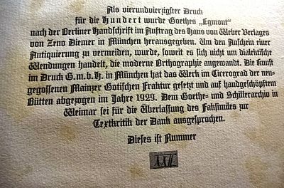 1929 Private Press Goethe Egmont. A private press printing on handmade laid paper in Mainzer 