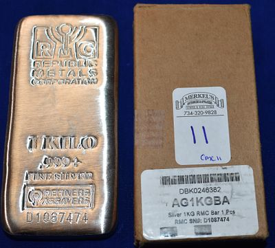 RMC 1 Kilo .999+ Fine Silver (35.274 OZ) Silver Bar in Factory Box Serial# D1087474. RMC Logo 