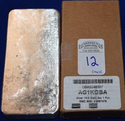 RMC 1 Kilo .999+ Fine Silver (35.274 OZ) Silver Bar in Factory Box Serial# D1087479. RMC Logo 