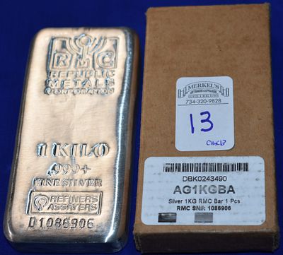 RMC 1 Kilo .999+ Fine Silver (35.274 OZ) Silver Bar in Factory Box Serial# D1086906. RMC Logo 