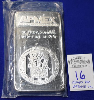 APMEX 10 Troy Ounces .999+ Fine Silver Bar Assay marked American Precious Metals Exchange 