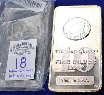 Highland Mint 10 Troy Ounces Morgan Dollar .999+ Fine Silver Bar-Made in USA with Diagonal 