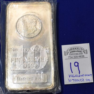 Highland Mint 10 Troy Ounces Morgan Dollar .999+ Fine Silver Bar-Made in USA with Diagonal 