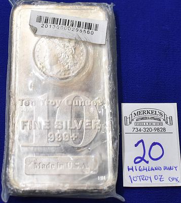 Highland Mint 10 Troy Ounces Morgan Dollar .999+ Fine Silver Bar-Made in USA with Diagonal 