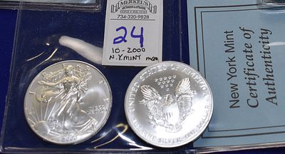 2000 Silver Eagle- BU Lot of 10 in New York Mint Holders- Photos Attached are of the Actual 