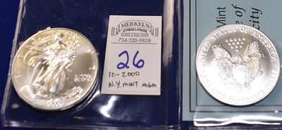 2000 Silver Eagle- BU Lot of 10 in New York Mint Holders. Photos Attached are of the Actual 