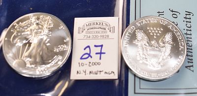 2000 Silver Eagle- BU Lot of 10 in New York Mint Holders- Photos Attached are of the Actual 