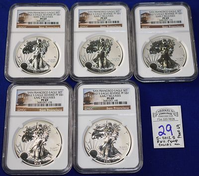 2012 S Reverse Proof $1 Silver Eagle PF 69 NGC- Lot of 5- Early Releases San Francisco Mint 