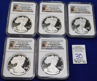 2012 S Reverse Proof $1 Silver Eagle PF 69 NGC ULTRA CAMEO- Lot of 5- Early Releases San 