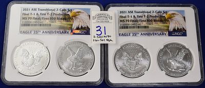 2021 ASE Transitional 2-Coin Set 35th Anniversary Silver Eagle NGC MS 70- Lot of 2 includes 
