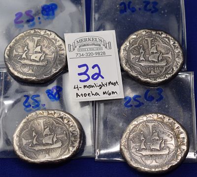 ATOCHA 1622 Shipwreck Silver Cobs.- Lot of 4 Moonlight Mint designed by Daniel Carr. These .999 
