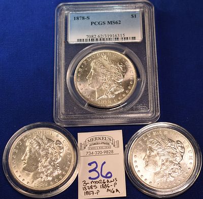 Morgan Silver Dollar Lot of 3- 1878 S PCGS MS62 1886P and 1887P . Morgan Silver Dollar Lot of 3- 