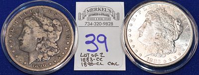 1883CC AND 1890CC Morgan Silver Dollars- Lot of 2 Carson City Struck Coins. The 1883-CC appears 