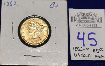 1882 P Coronet Head Gold $5 Half Eagle- Type 2 - With Motto - Liberty Head 
Designer - 