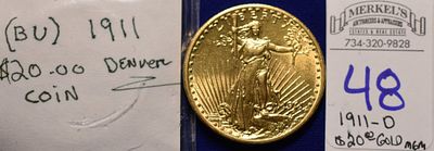 1911 D Saint Gaudens Gold $20 Double Eagle- With Motto - In God We Trust. 1911 D Saint Gaudens 