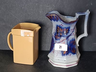 VINTAGE HAND PAINTED HEXAGONAL JUG AND VINTAGE YELLOW CERAMIC JUG