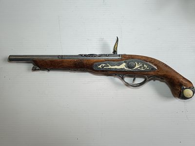 REPLICA MODEL OF FLINT LOCK PISTOL WITH CERAMIC DECORATION