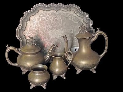 VINTAGE SILVER PLATED BRANDED E.P.N.S.ORNATED FOOTED TEAPOT, COFFEE POT, CREAMER AND SUGAR BOWL