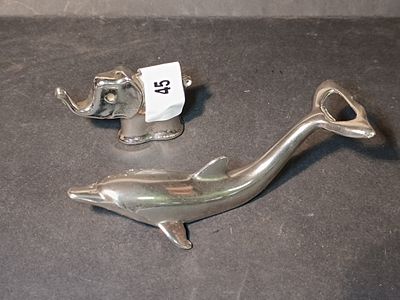 VINTAGE SILVER TONE ELEPHANT FIGURINE AND DOLPHIN UNUSUAL BOTTLE OPENER