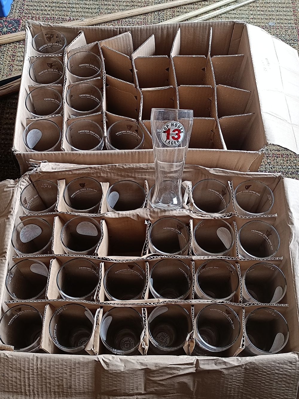 A 2 Boxes of 32 Hop House 13 Lager Branded Pint Glasses