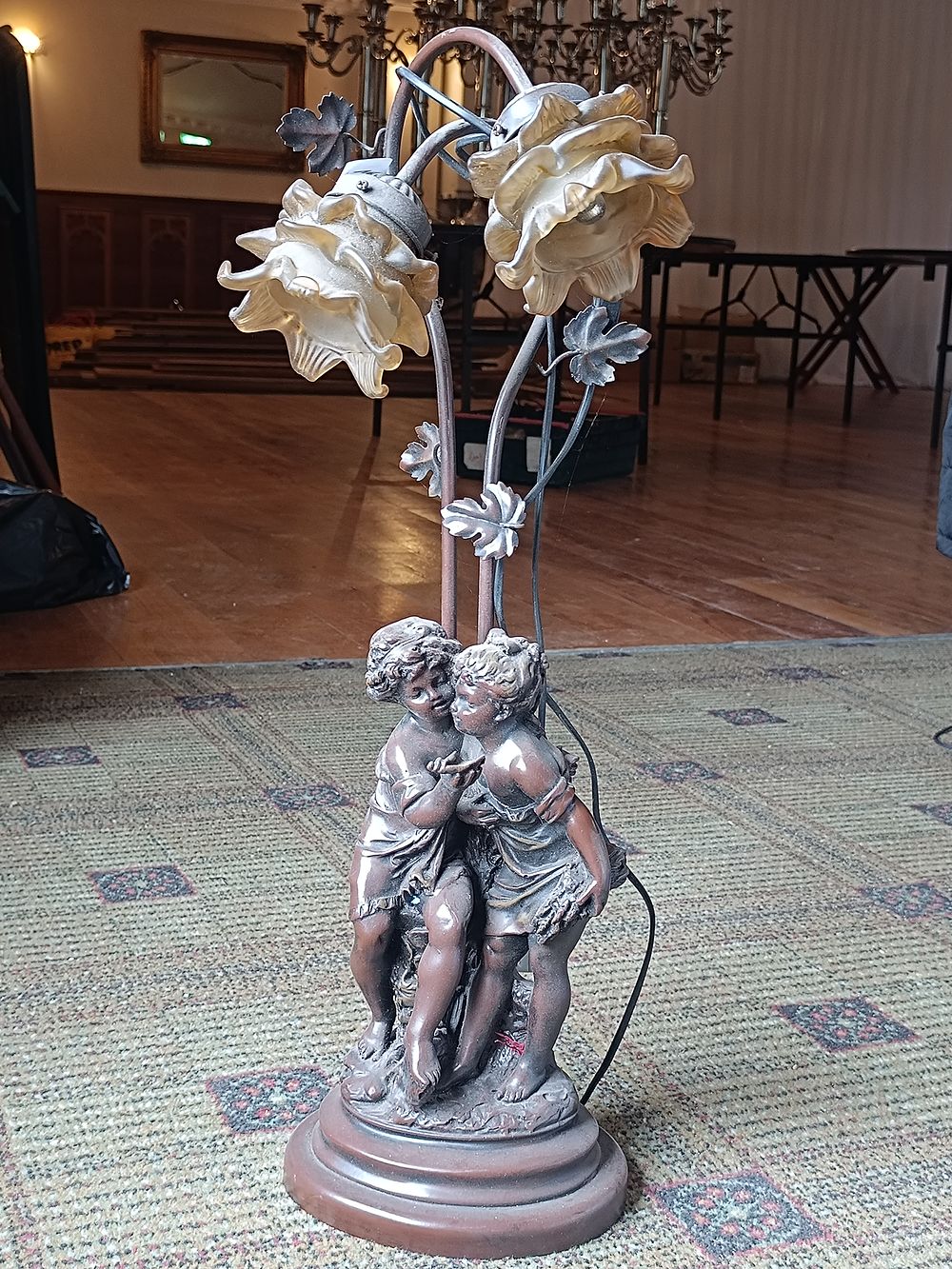 A Late 19th/Early 20th Century Style Spelter Figural Floor Lamp with Art Glass Shades