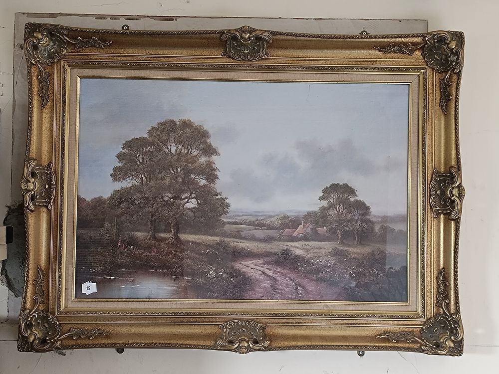American School Oil Painting, Pastoral Cottage Landscape, in an Ornate Gilded Frame -Approx. 