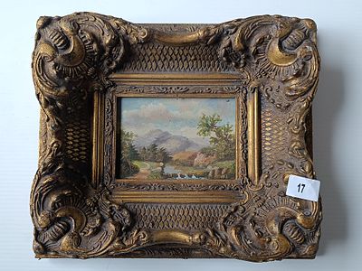 Late 19th/Early 20th Century Landscape Oil on Board in Ornate Baroque Revival Gilt Frame -32*38 cm