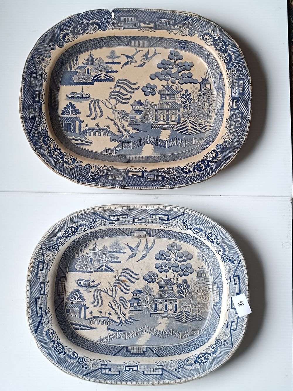 A Pair of 19th Century Staffordshire Blue Willow Transferware Ironstone Platters
