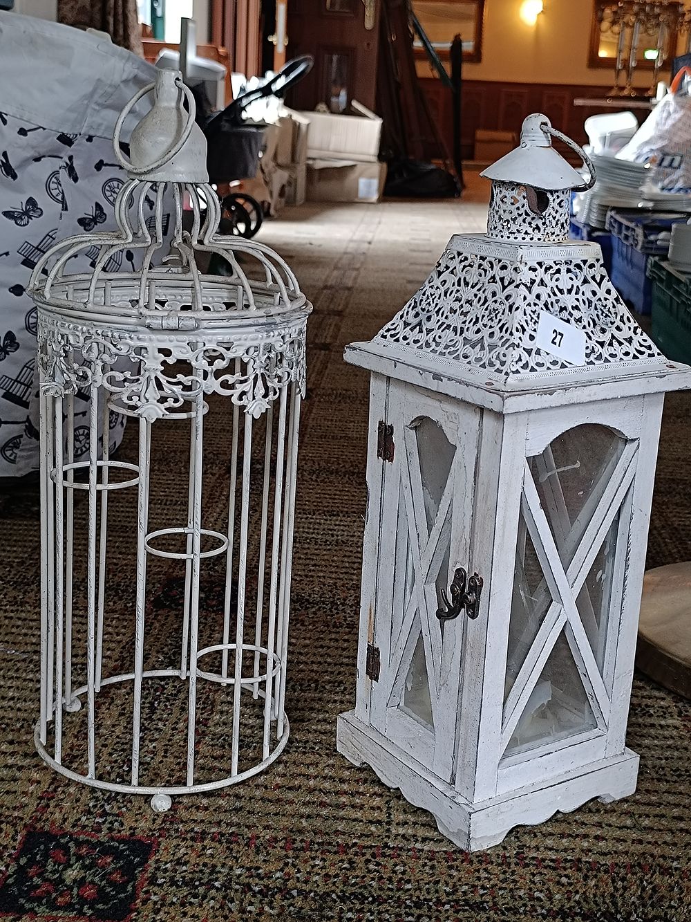 A Pair of White-Painted Shabby Chic Decorative Lantern and Candle Holder
