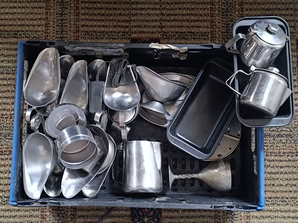 A Mixed Lot of Scrap Pewter, Stainless Steel, and Aluminum Kitchen and Serving Wares -As seen
