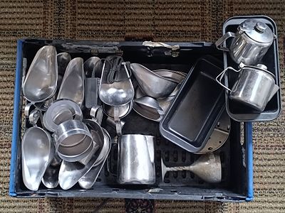 A Mixed Lot of Scrap Pewter, Stainless Steel, and Aluminum Kitchen and Serving Wares -As seen
