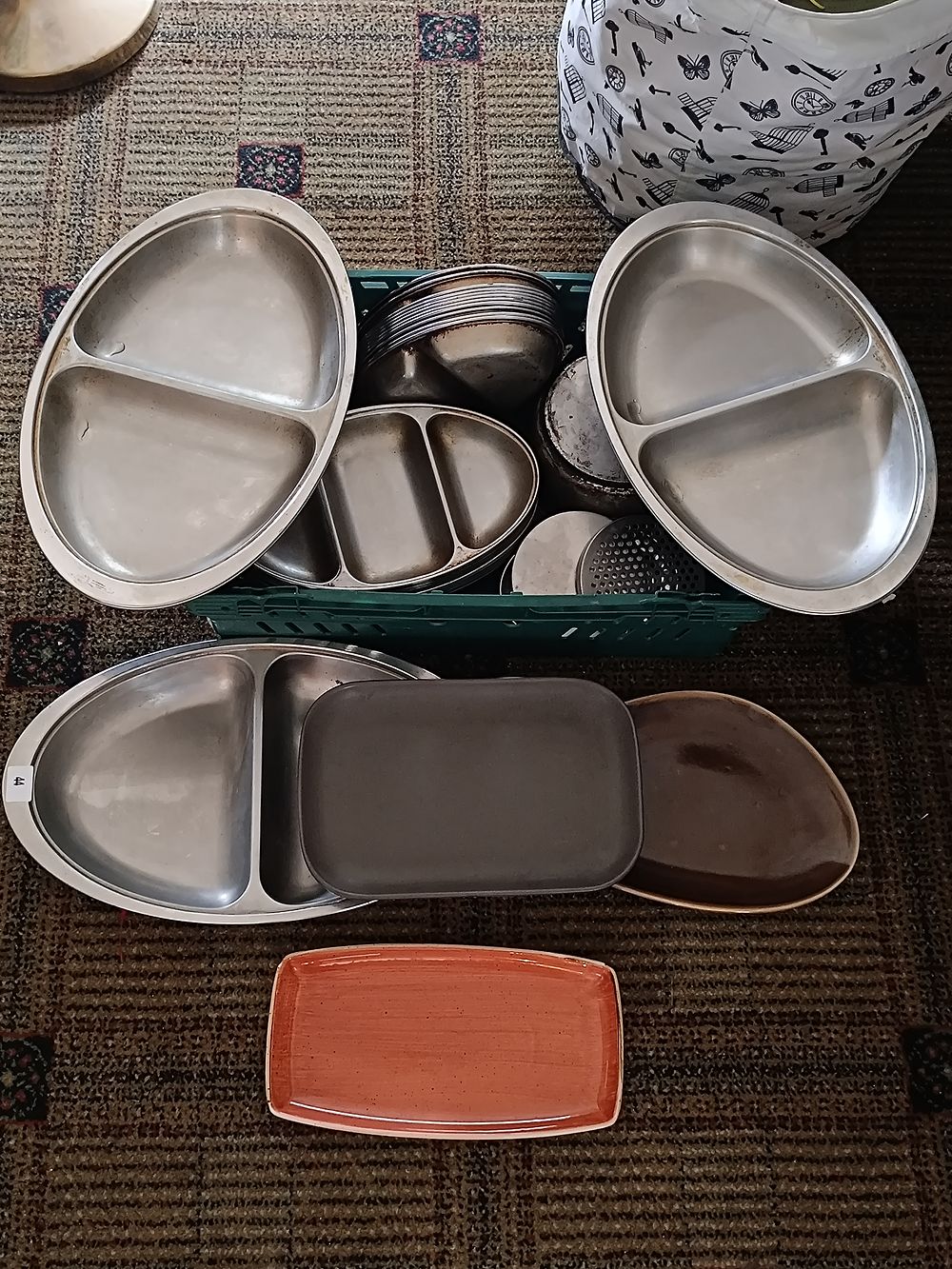A Collection of Stainless Steel Divided Serving Platters and Kitchenware with Three Ceramic 