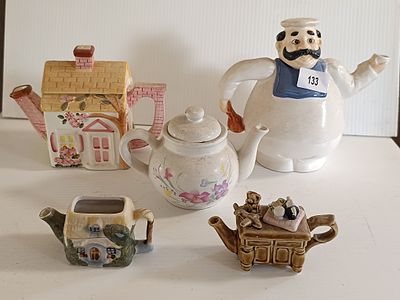 A Collection of Five Novelty Ceramic Teapots and Miniature Teapots
