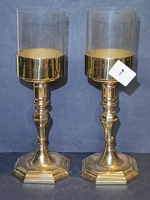 A Pair of Mid-Century Modern Brass-Tone Metal and Glass Hurricane Candle Holders -Approx. 28 cm