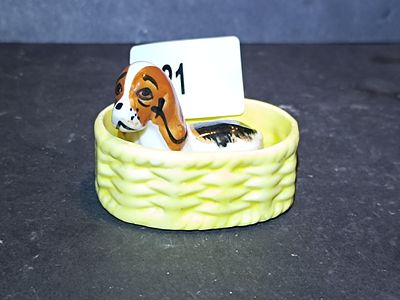 Vintage Miniature Porcelain Beagle Dog in Basket Figurine