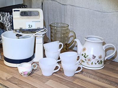 A Collection of Vintage Kitchenware including a Kenwood Mixer and Art Deco Style Glass Jug