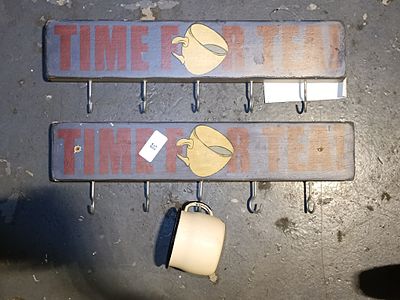 A Pair of Modern Farmhouse Style 'Time For Tea' Wall Racks with an Enamelware Mug