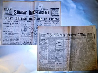 A Pair of Irish Vintage Rare Newspapers: The Sunday Independent and The Weekly Northern Whig, 1916