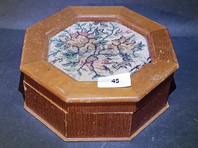Vintage Octagonal Wooden Jewelry Box with Floral Needlepoint and Mirror