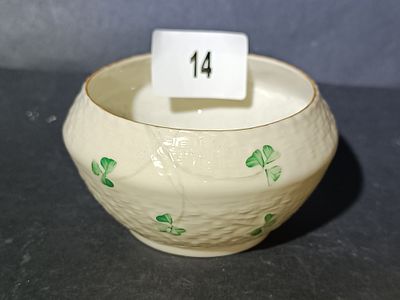 Belleek Shamrock Basketweave Open Sugar Bowl -Blue Stamp