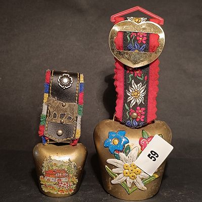 Two Swiss Brass Cow Bells with Hand Painted Floral Decoration