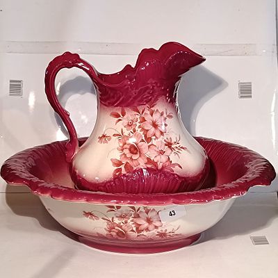 A Victorian Style Ironstone Floral Pitcher and Wash Basin Set