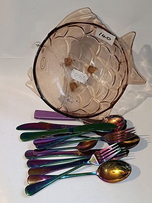 An Art Deco Stolzle Amber Glass Fish Bowl and a Collection of Iridescent Flatware