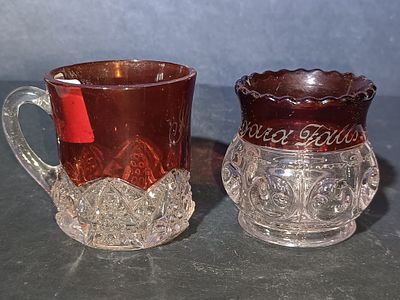 Two Ruby-Stained EAPG Souvenir Glass Toothpick Holders including King's Crown Pattern