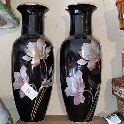 A Pair of Asahi Japan Black Porcelain Floral Vases