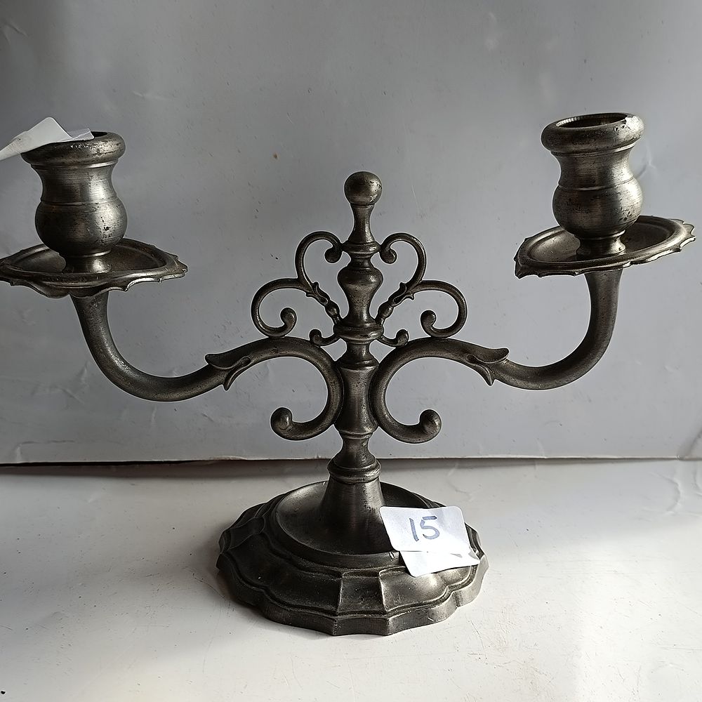 Italian EL Crown Baroque Style Pewter Two-Light Candelabrum
